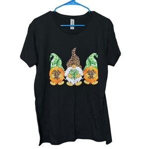 Gildan Womens St Patricks Day Gnomes Leopard Shamrock Graphic T-Shirt Black XL
